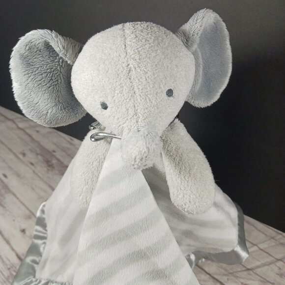 Cloud Island Baby Lovey Gray Elephant Plush Satin-Lined G/W Striped Blanket 14" - Picture 2 of 13
